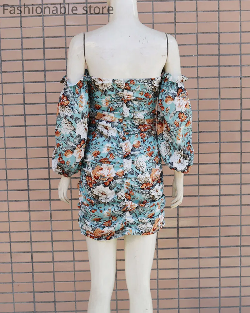 

Fashion Strapless Print Mini Dress Women Casual Sleeve Shirring Straight Dress