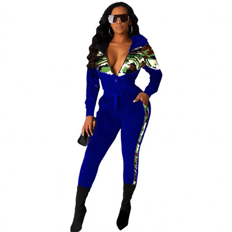 

2 Piece Set Velvet Women Tracksuit Camouflage Print Long Sleeve Tops And Pants Suits Sporty Matching Skinny Stretchy Sportwear