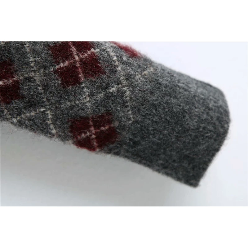 Evfer Autumn Women Casual Argyle Gray Za Knitted Pullover Sweaters Feamel Fashion Double Breasted Turndown Collar Polo Sweater | Женская