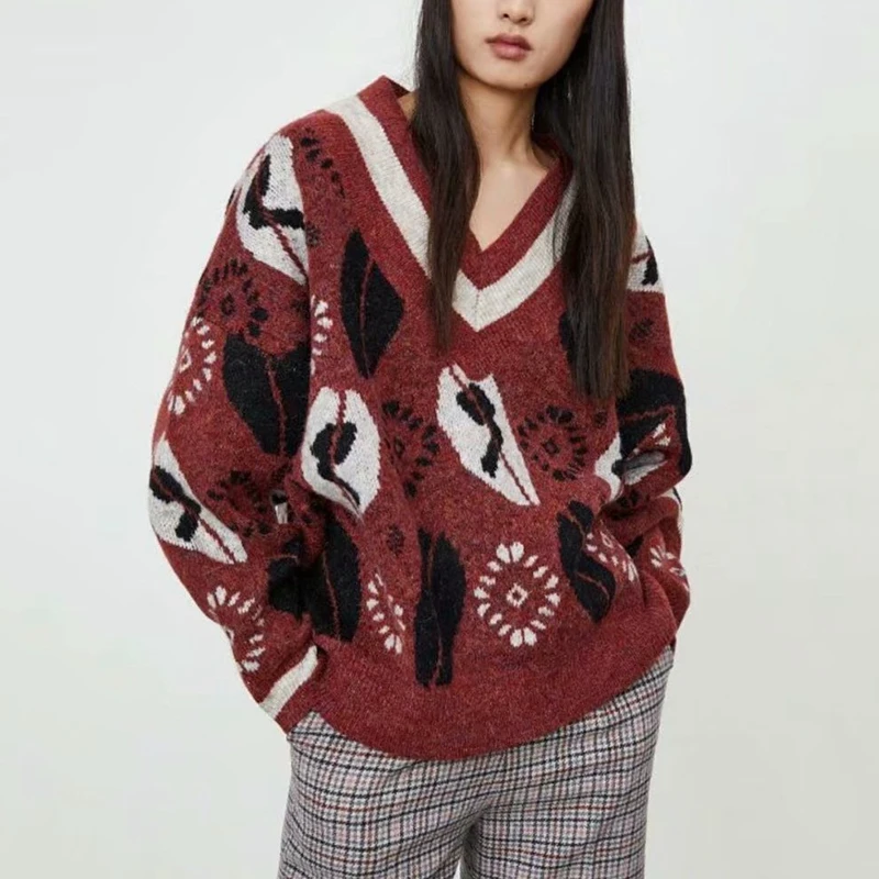 

HWLZLTZHT Print Sweaters Women Autumn 2021 Sweet O Neck Long Sleeve Pullovers Tops Loose Casual Oversized Sweater Woman