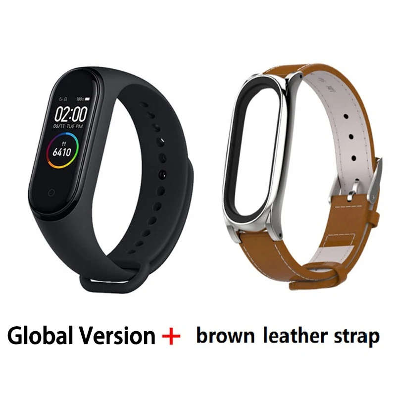 GB add Brown Leather Xiaomi mi-браслет 4 сердечного ритма фитнес цветной сенсорный экран mi Band 4 умный Браслет 135 мАч Bluetooth 5,0 музыкальный браслет - Цвет: GB add Brown Leather