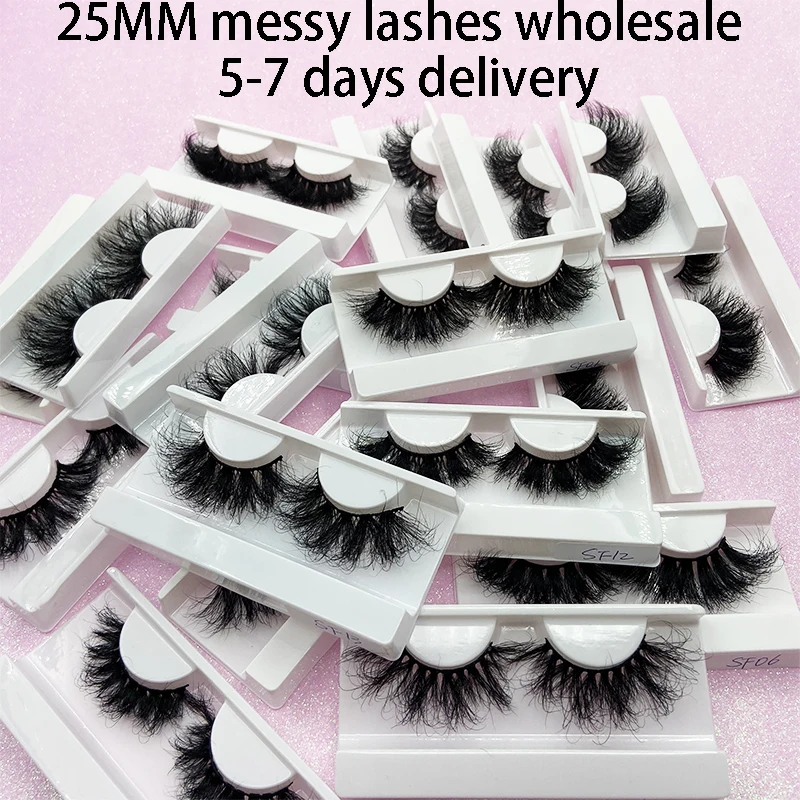 Wholesale 30/50/100PC New 25mm Messy Mink Eyelashes 3D Real-Mink Lashes with white tray Labels Makeup Dramatic Long Mink Lashes