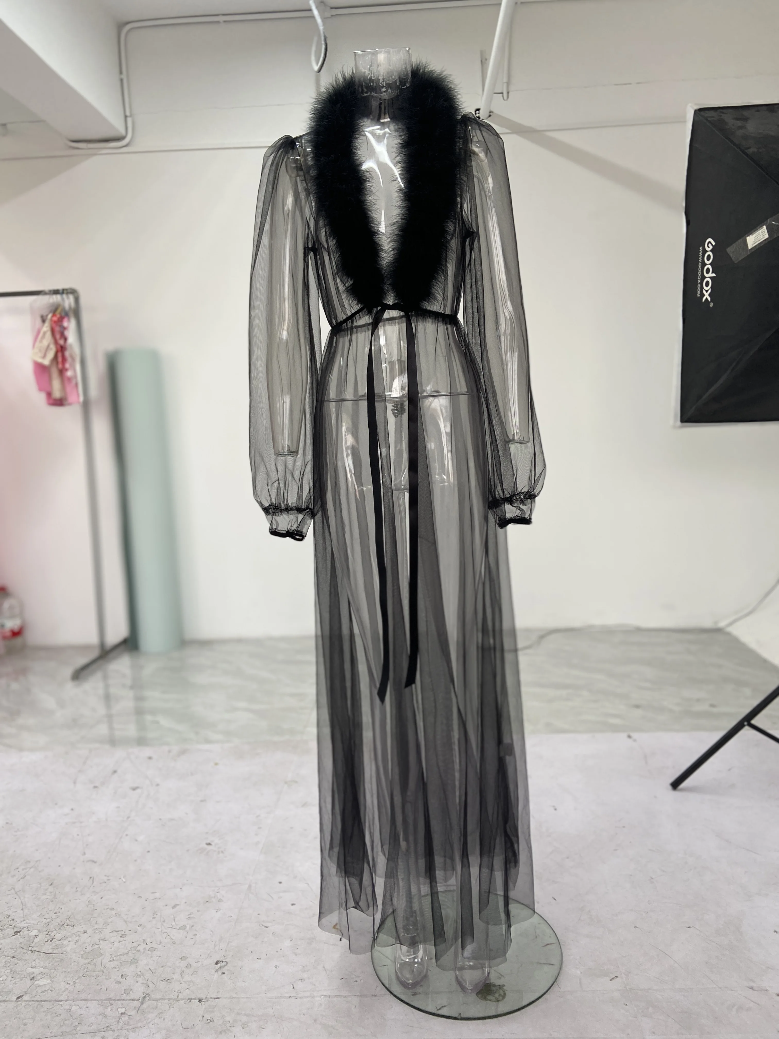 Women Sexy Robes Fuzzy Fur Collar Mesh Sheer Cover-ups See Through Long Sleeve Tied-Waist Long Gown Lingerie Maxi Cardigans Robe images - 6
