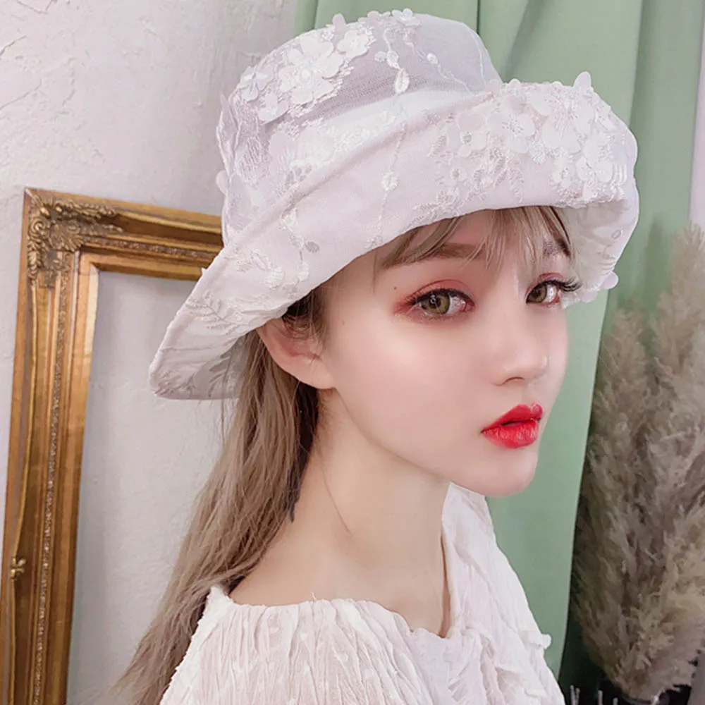 Женская кружевная шляпа Smmer с широкими полями белая Складная Солнцезащитная UV50