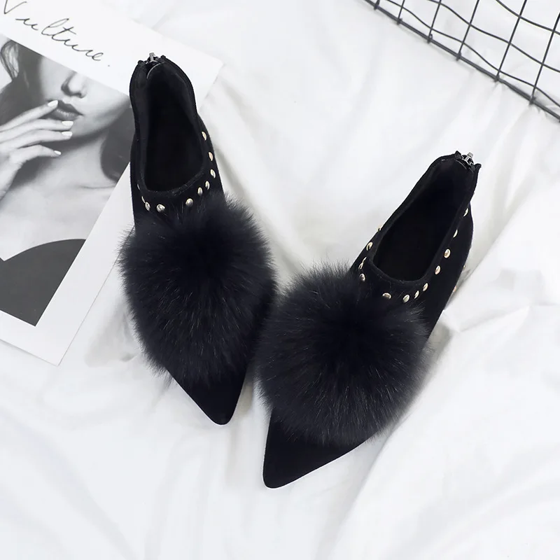 

Swonco Winter Warm Shoes Women Fur Ball Slip On Loafer 2020 Velvet Fur Snowboots Pointed Winter Flats Shoes Comfortable