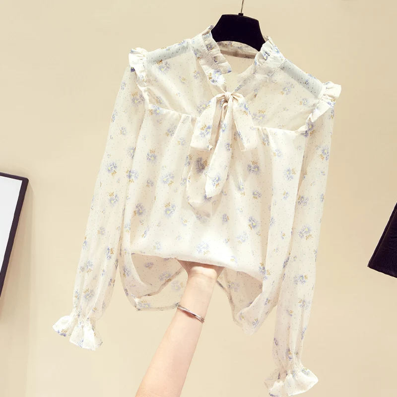 

Spring Long Sleeve Print Chiffon Blouse Shirt Blouse Women Blusas Mujer De Moda 2021 Ruffles Bow V-Neck Women Blouses Blusa E429