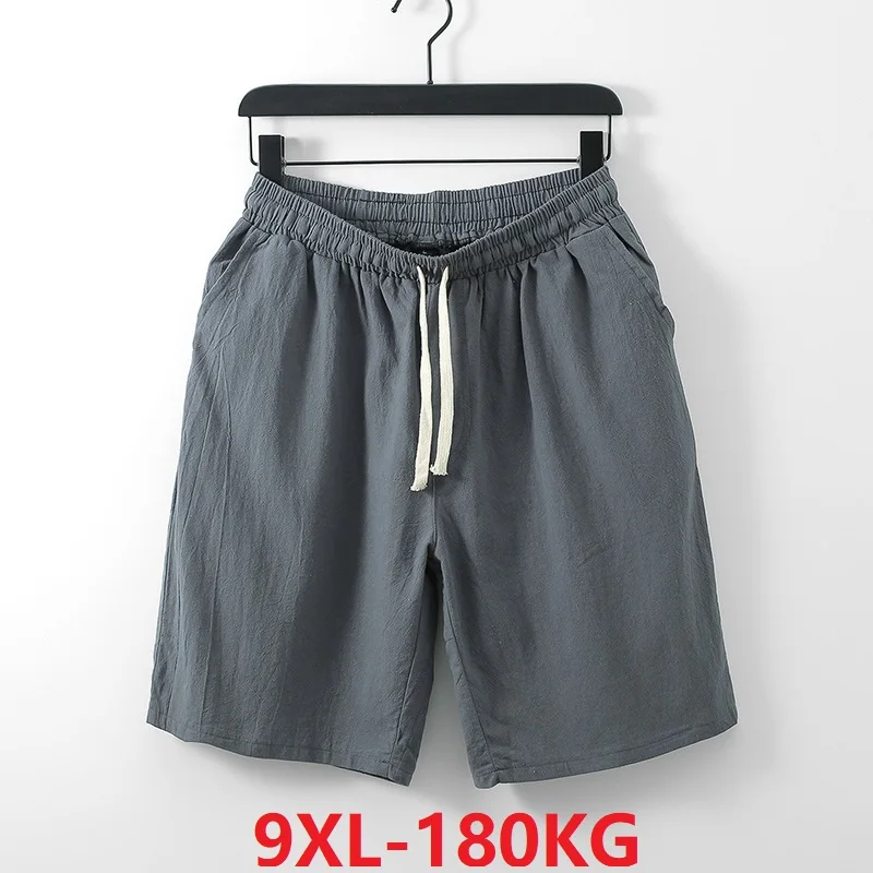 

summer men shorts linen cotton Chinese style plus size 7XL 8XL 9XL vintage casual homewear elasticity shorts loose khaki gray 70