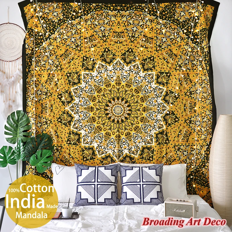 

100%Cotton India Handmade Mandala Tapestry Wall Hanging Screen Print Bohemia Tapestries Yoga Mat Bedsheet 210x230CM -Yellow Star