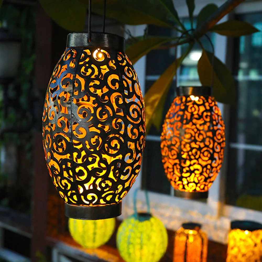 Solar Light LED Lantern Outdoor Solar Powered Hanging Lamp Waterproof Landscape Decor Lantern Street Balcony Hollow Lamp