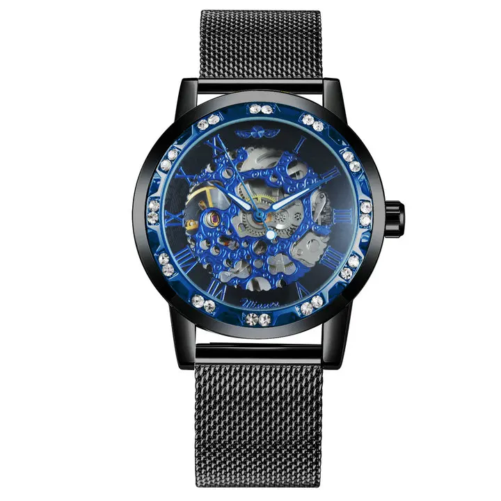 BLACK BLUE BLACK WINNER официальный Скелет механические часы для мужчин Золотой сетчатый ремешок Кристалл Iced Out мужские s часы Лидирующий бренд Роскошные Аналоговые наручные часы - Цвет: BLACK BLUE BLACK