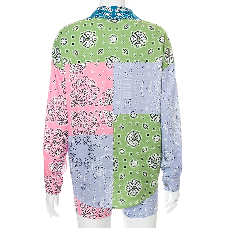 

NOVAINSPO Printing Long Sleeve Turn Down Neck Blouse And Shorts Sets Fashion Casual Multicolor Street Workout Outfits Two Piece