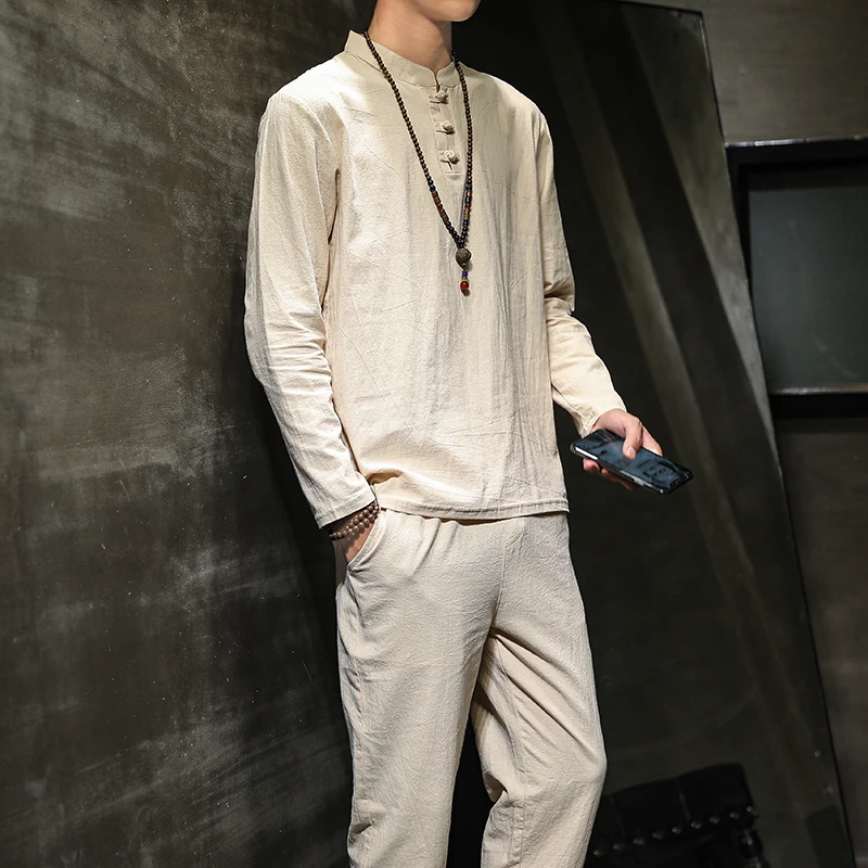 (Рубашка + брюки) 2021 весенние мужские рубашки хлопковые и льняные для мужчин