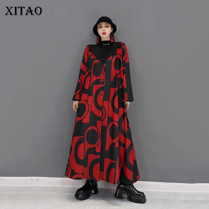 

XITAO, новинка, Женское пальто контрастных цветов с капюшоном и воротником, свободное, большой размер, Осень-зима 2021, темперамент, универсальна...