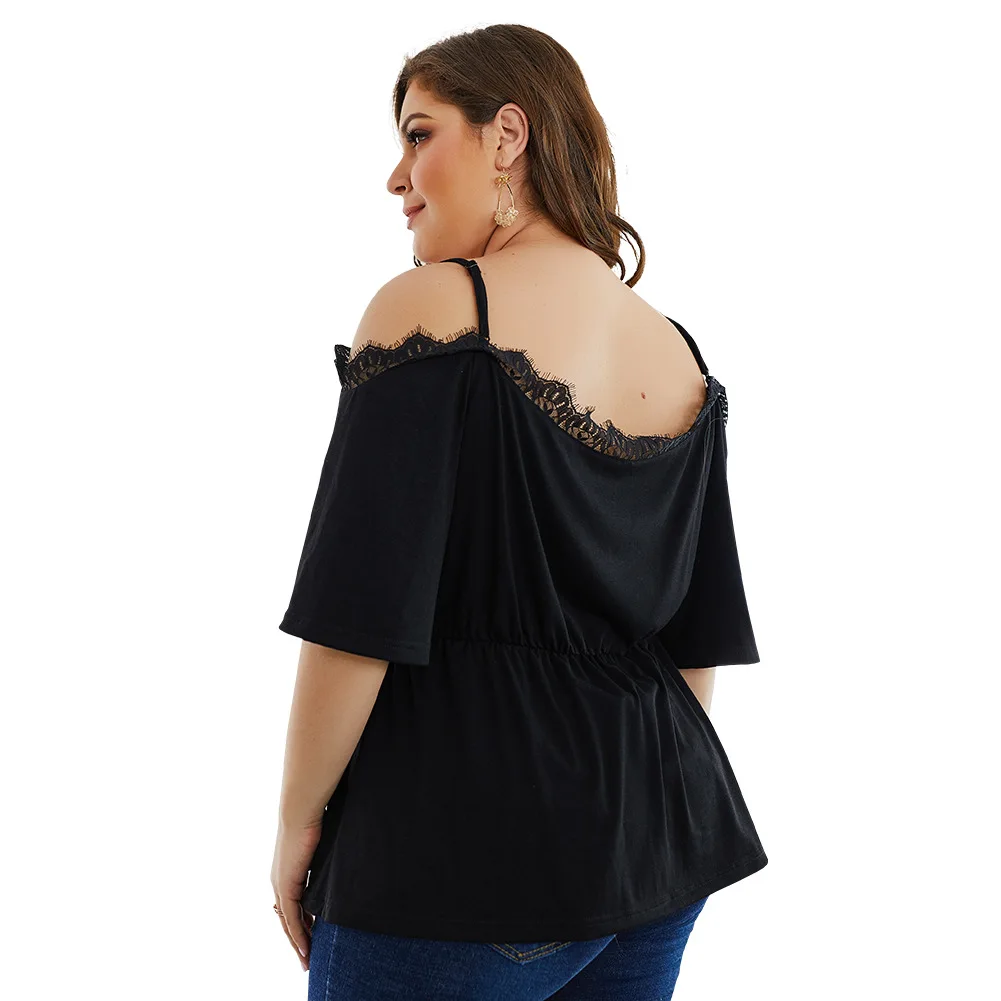 

2021 summer plus size tops for women large sleeveless loose casual lace sexy cotton black strapless shirt 3XL 4XL