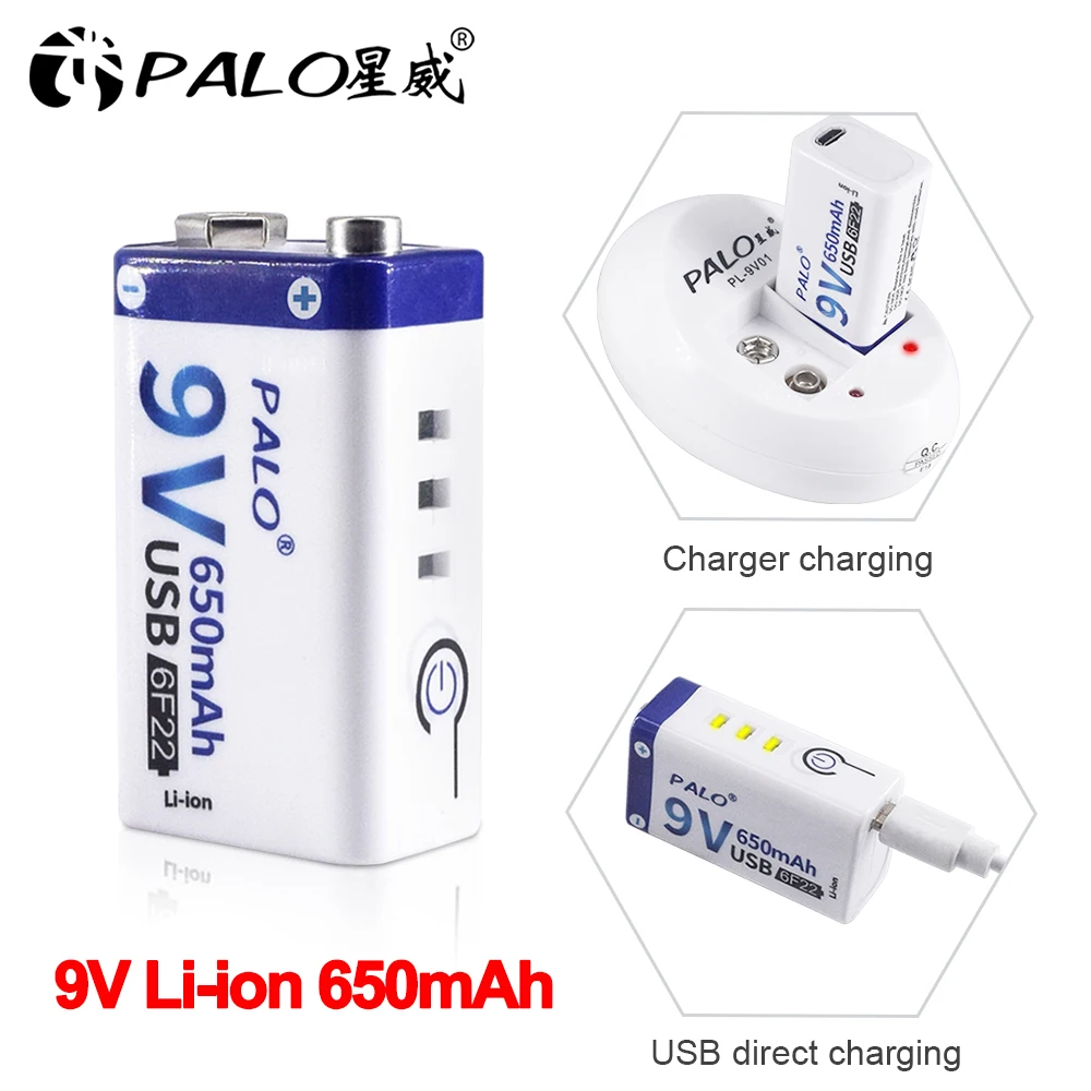 Литий ионная аккумуляторная батарея Palo 6F22 9 В 650 мАч micro usb|Перезаряжаемые батареи|