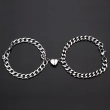 2Pcs Punk Silver Color Chain Couple Bracelet for Women Stainless Steel Romantic Magnet Men Paired Things Fashion Jewelry