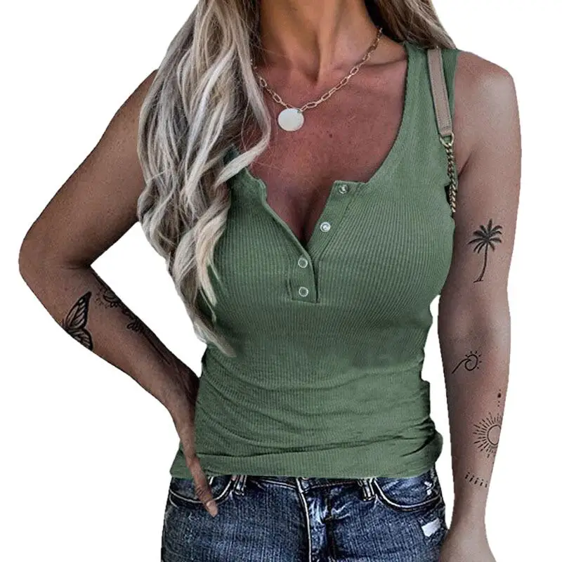 Майка женская трикотажная в рубчик Однотонная рубашка без рукавов на пуговицах с