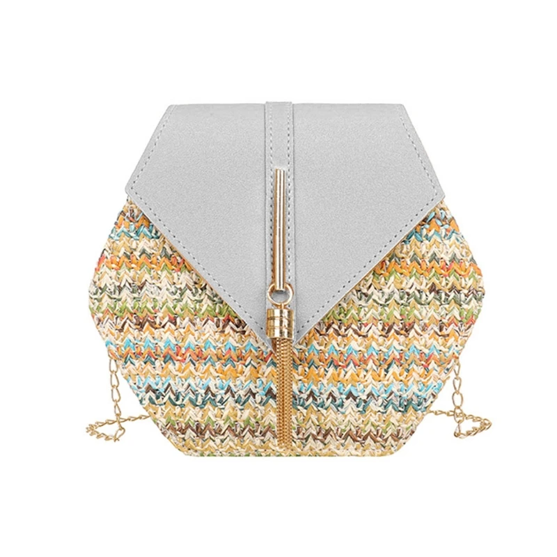 Women's Straw Beach Tote Bag with Tassel Chain Woven Summer Bohemian Handbag G5AE