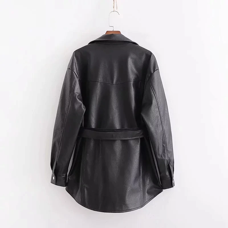 

Winter black Khaki belt PU Leather Jacket women biker jacket Streetwear rock Punk Motorcycle Coat ladies Faux outwear 2019