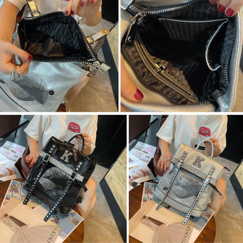 

Women Microfiber Synthetic Leather Backpacks Girl's School Bags Ladies Soft Preppy Style Female Diamond Rivet Fancy Travel Bags