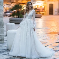 fmogl sexy illusion long puff sleeve vintage wedding dresses 2021 luxury appliques lace button court train a line bride gown