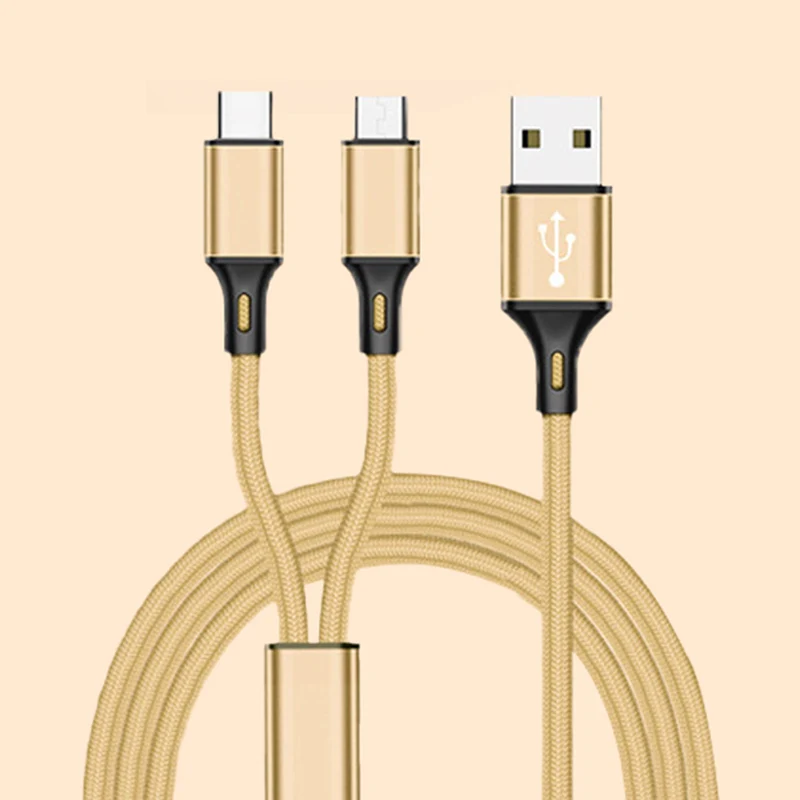 Gold 2 in 1 Cable 2 в 1 USB кабель Micro usb type C кабели быстрое зарядное устройство планшет телефон зарядный шнур 2в1 нейлоновая оплетка Android USB C провода для зарядки - Цвет: Gold 2 in 1 Cable