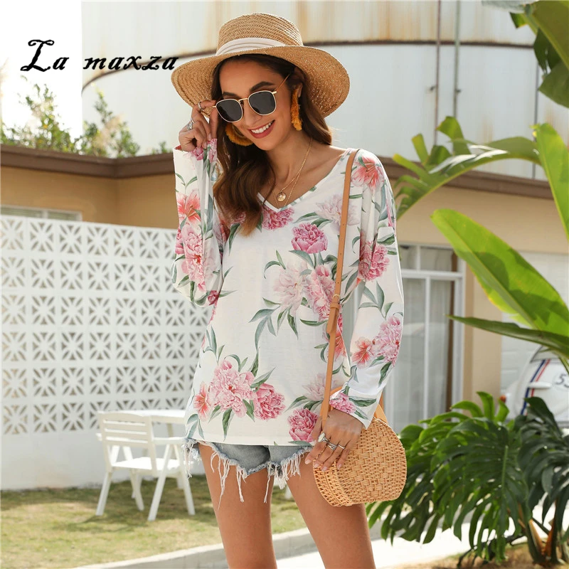 

Spring 2020 Women Tshirt V-neck Casual Print Floral Fashion Street-wearing Tops