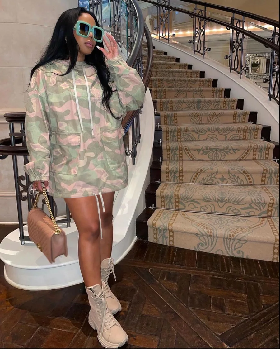 

Autumn Fall Long Sleeve Camo Print Hoodies Mini Dress Casual Loose Dress with Pocket Streetwear Women Clothing Clubwear