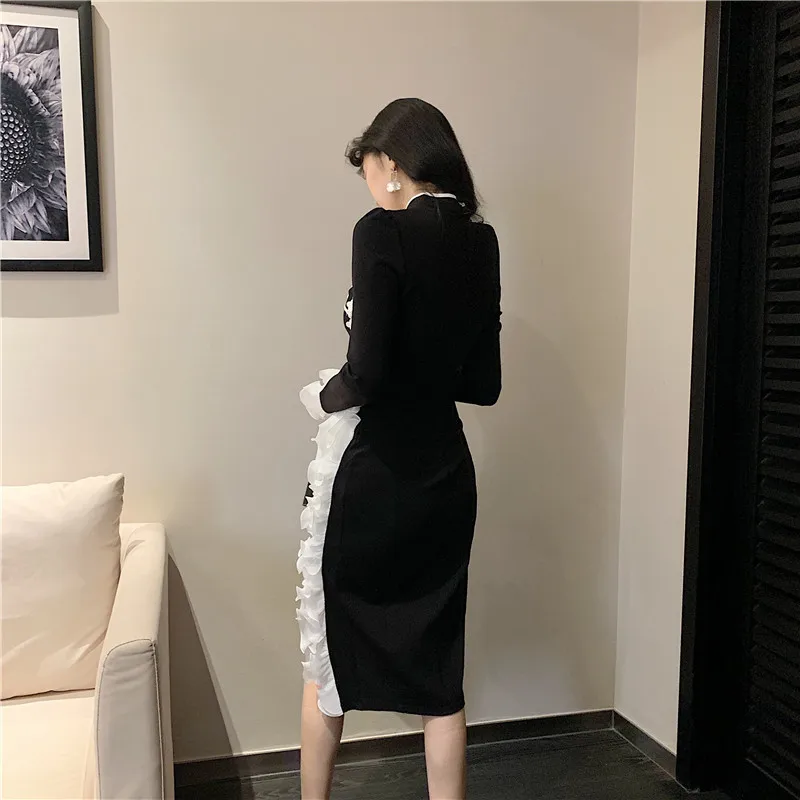 

Kimutomo Elegant Vintage Cheongsam Dresses Women Fungus Buckle Split Long Sleeve Slim Waist Vestidos Spring 2021 Korea Chic