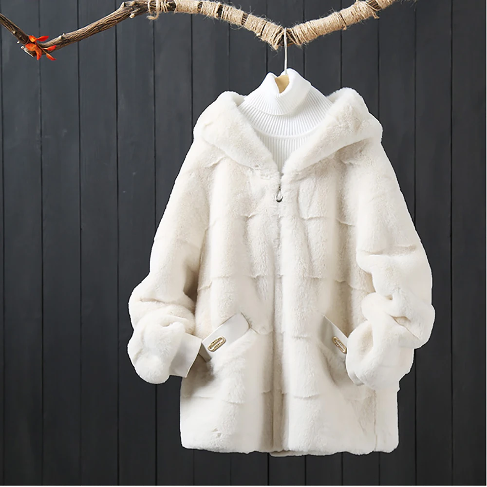 

Elegant Patchwork With Hood Pocket Zipper Up Velvet Coat Women Casual Fashion Long Sleeve Loose Autumn Winter Warm Jacket