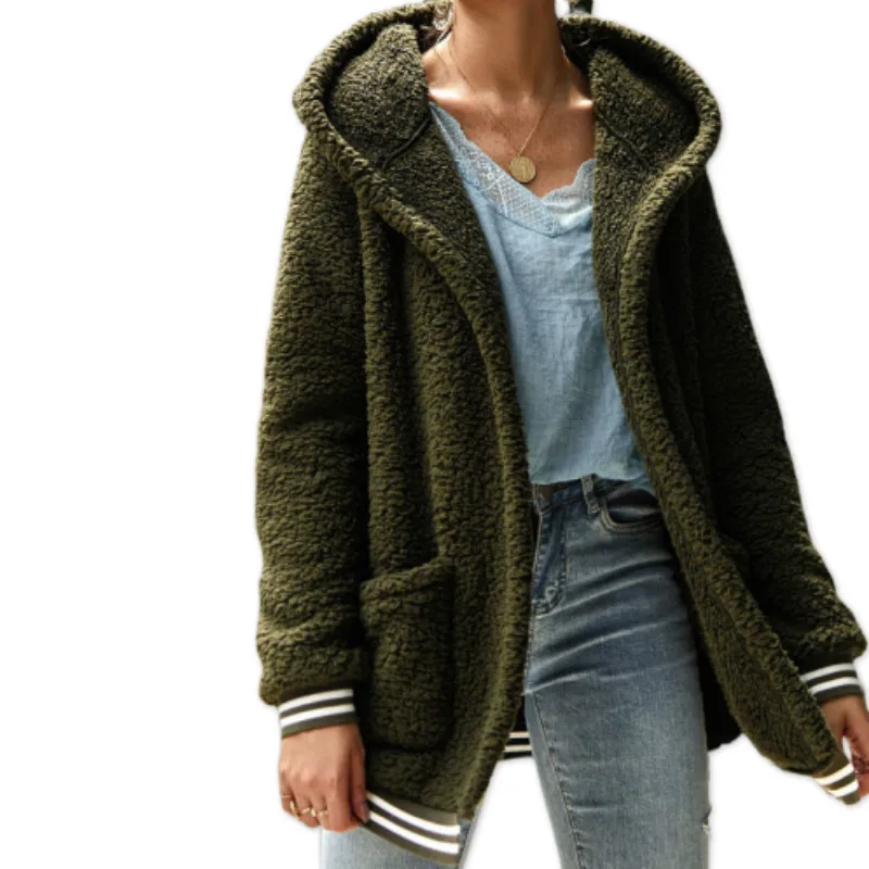 Элегантное женское длинное пальто с капюшоном из плюшевого меха, осеннее пальто, куртка с капюшоном, приталенный женский флисовый кардиган с карманами GV729