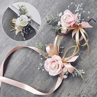 1pc bidesmaids decor corsage pin wrist flowers party bracelet pearl ribbon hand flower wedding accessories