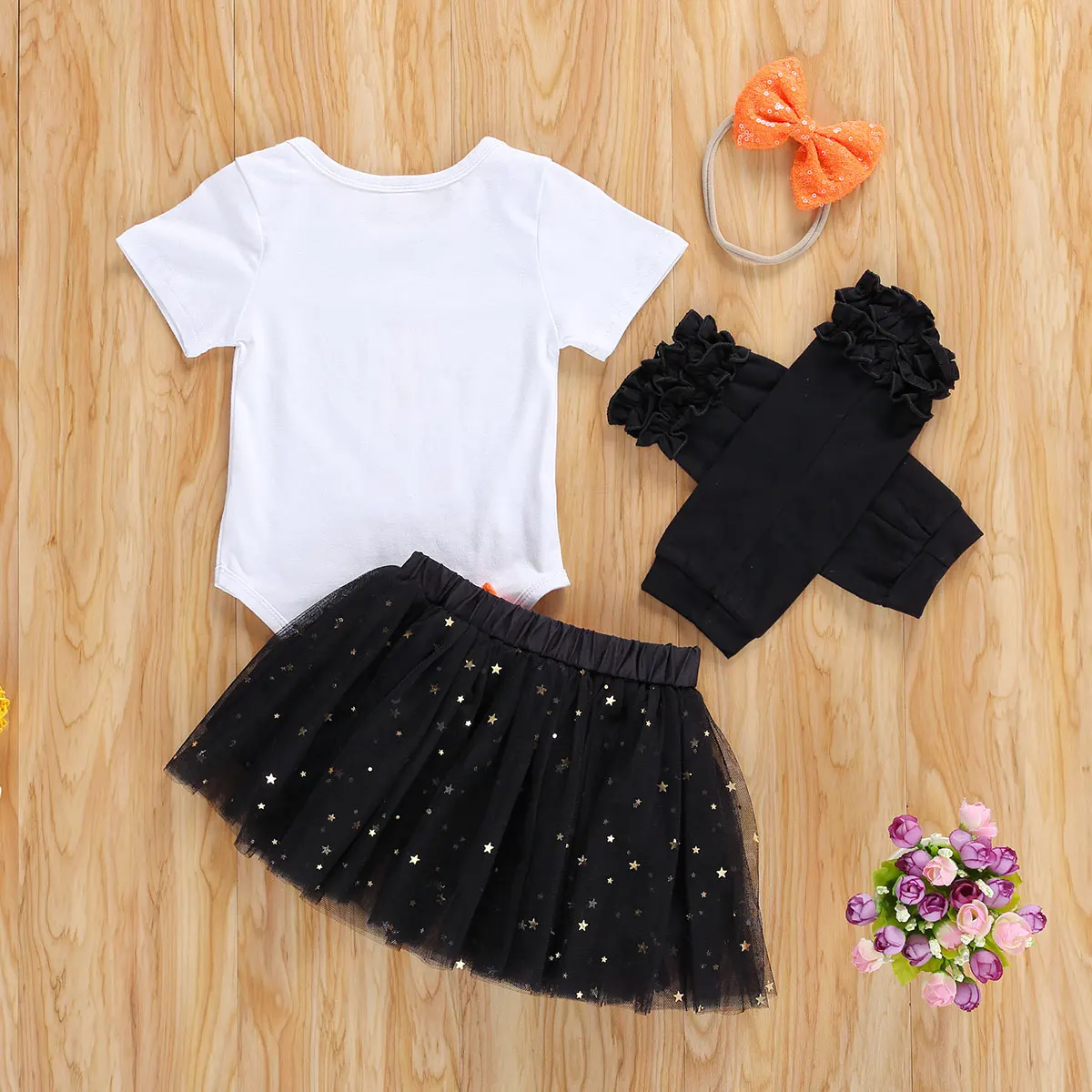 

Infant Newborn Baby Girls Halloween Outfits 4Pcs Suit Letter Romper and Fashion Sequin Gauze Skirt and Headband Leg Warmer