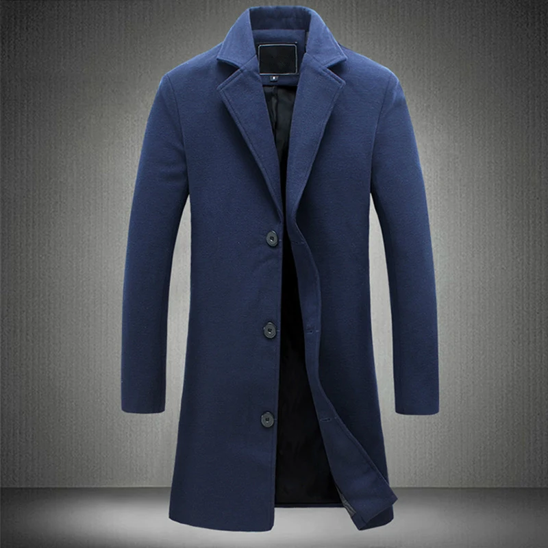 Мужское длинное шерстяное пальто синее большого размера с длинным рукавом