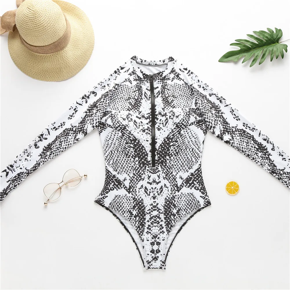 

Sexy One Piece Swimsuit Long Sleeve Swimwear Women Print Leopard print Bathing Suit Retro Monokini Bathing Suit Beachwear Female