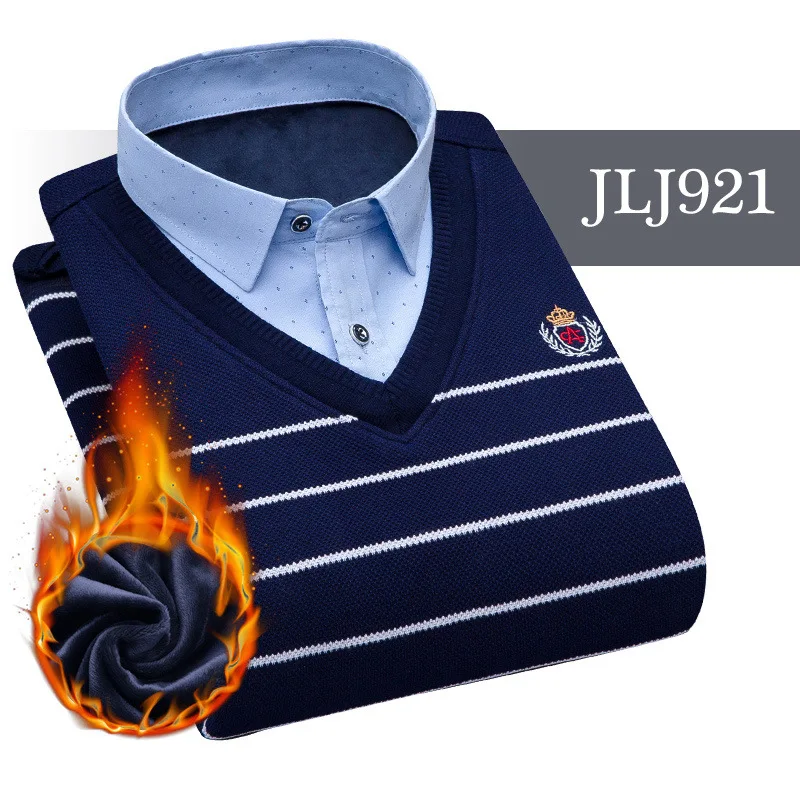 JLJ921 Мужская одежда, рубашки с вышивкой, в полоску, макет, из двух частей, платье, рубашка, имитация двойки, длинный рукав, толстый бархат, свитер, рубашки - Цвет: JLJ921