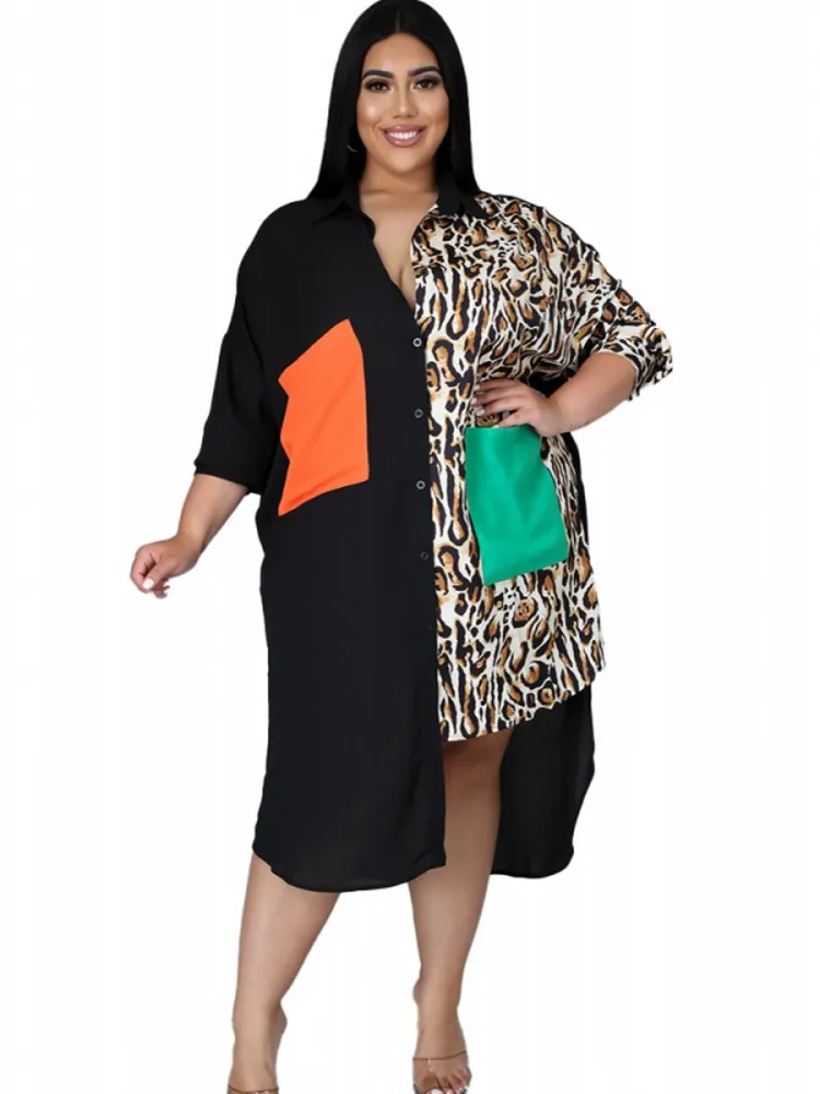 

4XL Plus Size Women Dress Fashion Pockets Patchwork Robes Summer New Leopard Splice Irregular Streetwear Shirt Dress Gowns 2021