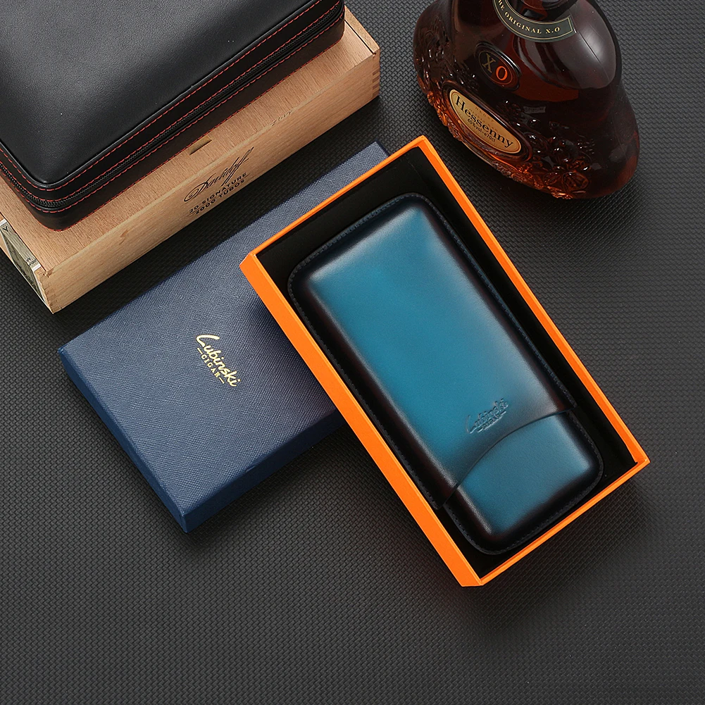 

LUBINSKI Cigar Leather Case Travel Mini Humidor Portable Luxury 3 Tube Cigar Humidor Box As Gift