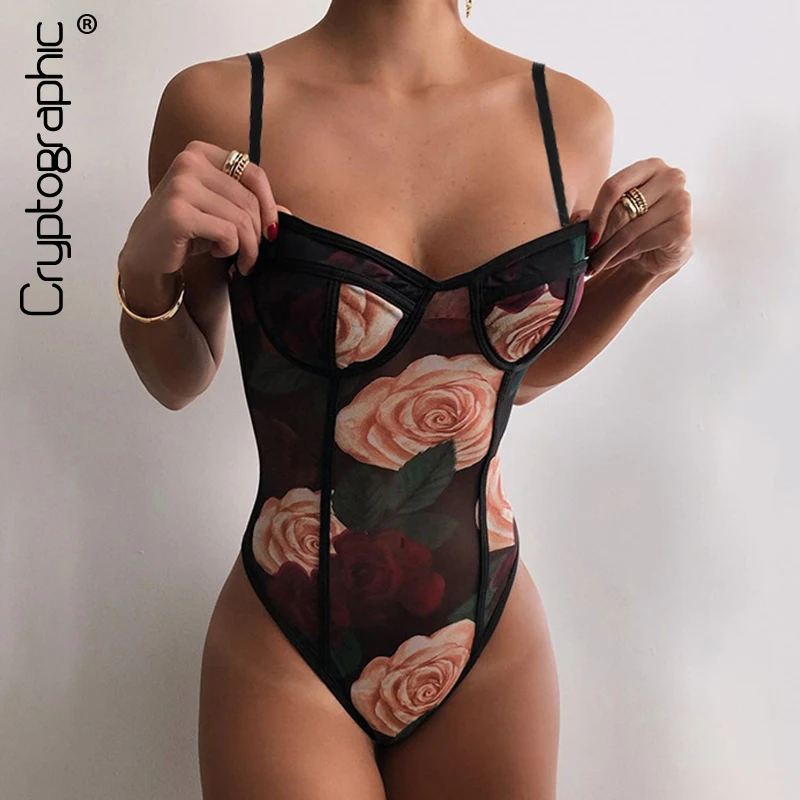 

Cryptographic Fashion Floral Mesh Sheer Straps Bodysuits See Through Club Party Sexy Backless Bodysuit Teddy Bodycon One Piece