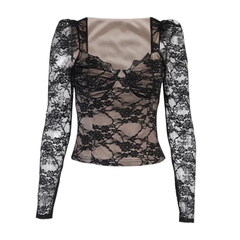 

Elegant Lace High Streetwear Women Tshirt Chic Double Layer Stacked Skinny E-Girl Clothes 2021 Sexy Stitch Club Wild Tees