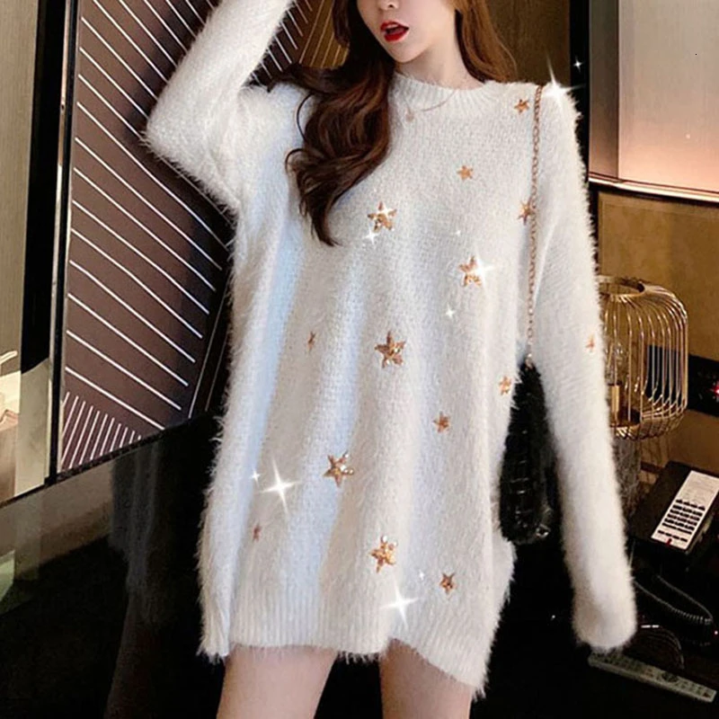 Женский джемпер с блестками блестящая Звезда имитирующая норка свитер вязаный