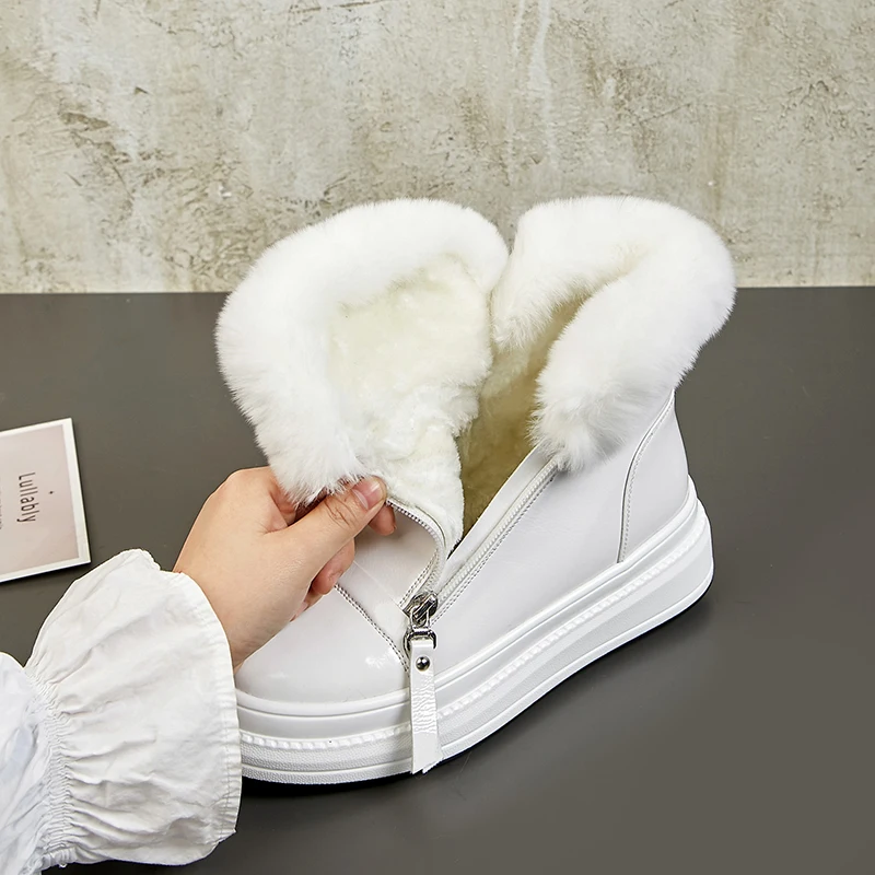 

Real Patent Leather Waterproof Winter Ankle Boots Women's Casual Flat Snow Boots Wool Warm Zipper Cotton Shoes 35-40