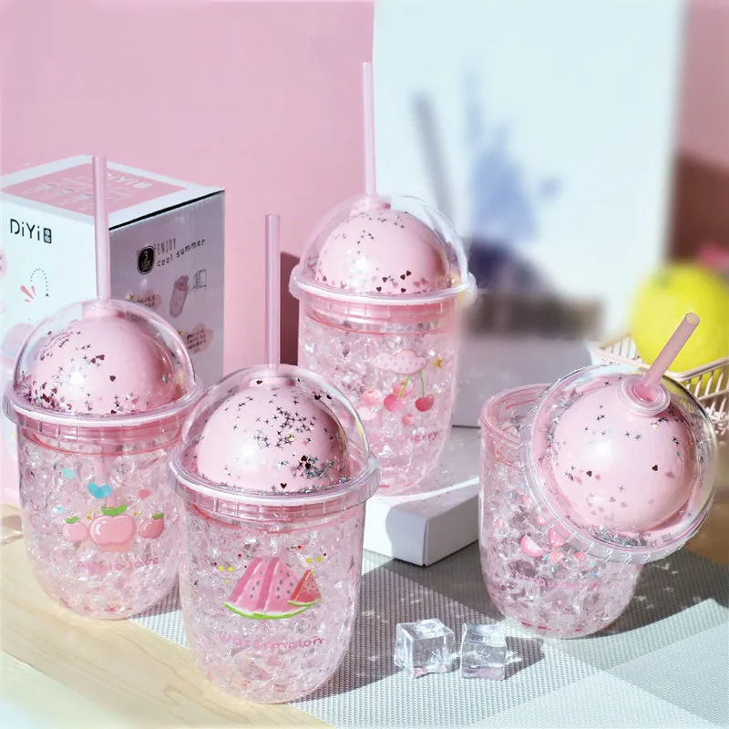 400ml Creative Cute Pink Fruit Ice Cup Double Wall Plastic Straw Cups Summer Drinking Water Bottle Cartoon Coffee Juice Milk Mug