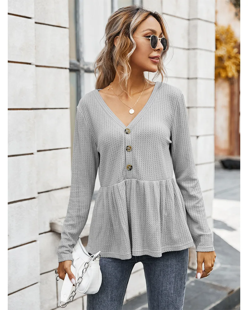 

Fashion Women's Blouse New Spring Casual V-neck Pullover Solid Color Buttons Simple Long-sleeved Blouse Plus Size Tops Donsignet