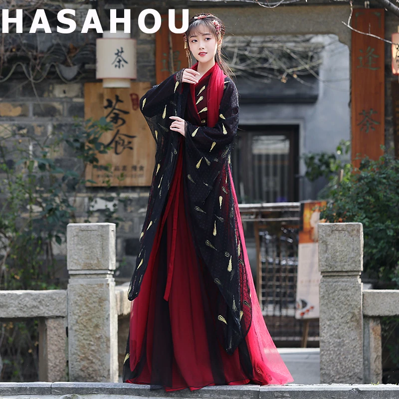 

HASAHOU New Hanfu Dress Folk Dance Costume Chinese Traditional National Fairy Costume Ancient Han Dynasty Princess Stage Outfits