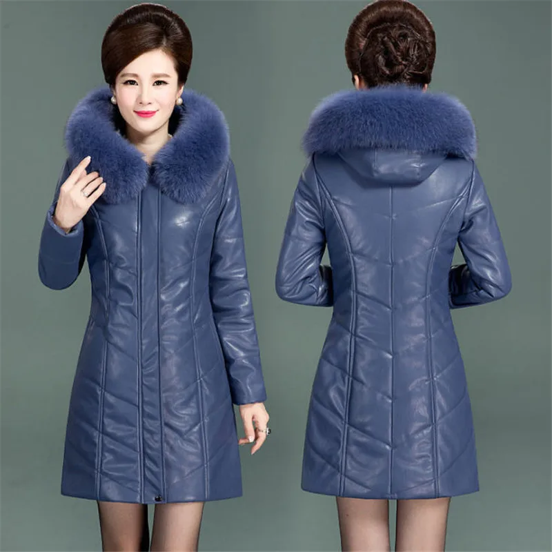 Женская кожаная куртка 4Xl 5Xl 6Xl, Женское пальто из искусственной кожи, воротник из искусственного меха, новая зимняя кожаная одежда для женщин среднего возраста A3888 - Цвет: violet