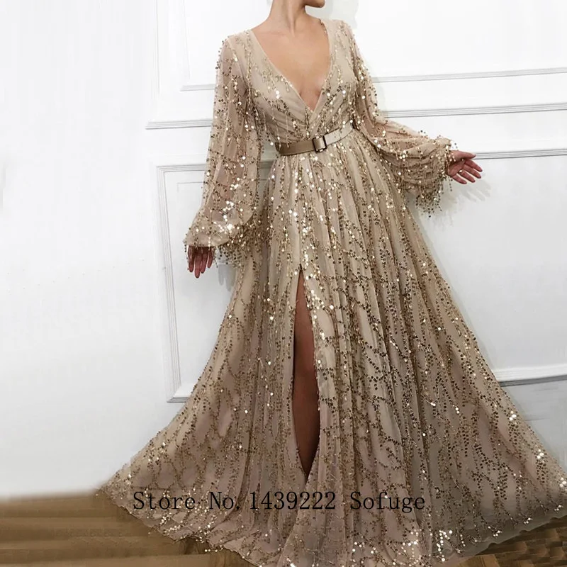 

Champagne Bling V Neck High Slit Evening Dresses Prom With Belt Puff Sleeves Vestidos De Fiesta Robe De Soiree Plus Size