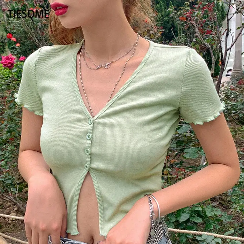 

TIESOME V-neck T-shirt Women Crop Top Summer Button Tops Tee Shirts Women Clothes 2020 Sexy Short Sleeve Slim Fit Tee Short Top