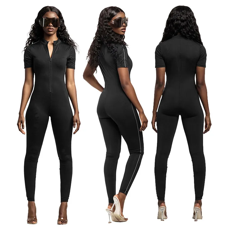 

Oluolin Jumpsuit Women One Piece Outfit Casual Fitness Sporty Rompers Short Sleeve Zipper Activewear Slim Bodysuit Streetwear