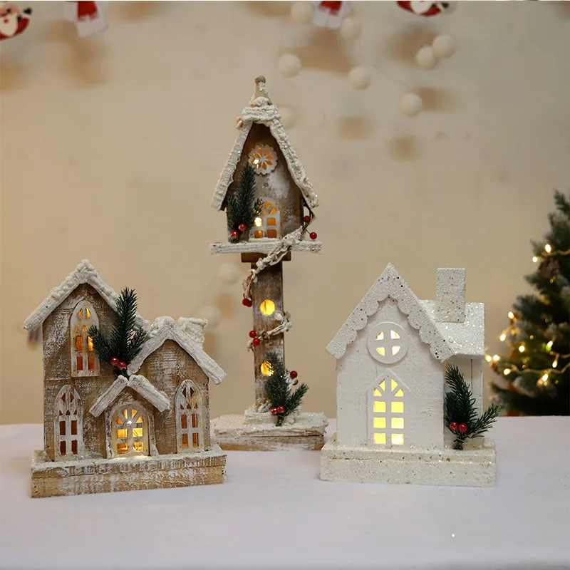 

Christmas decorations falling snow with lights wooden snow house holy snow view cabin decoration scene layout home decornavidad